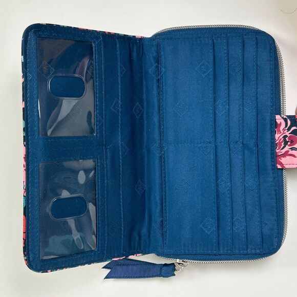 Vera Bradley RFID Twill  Turnlock Wallet Cabbage Rose Cabernet Blue Floral Print - Picture 3 of 9